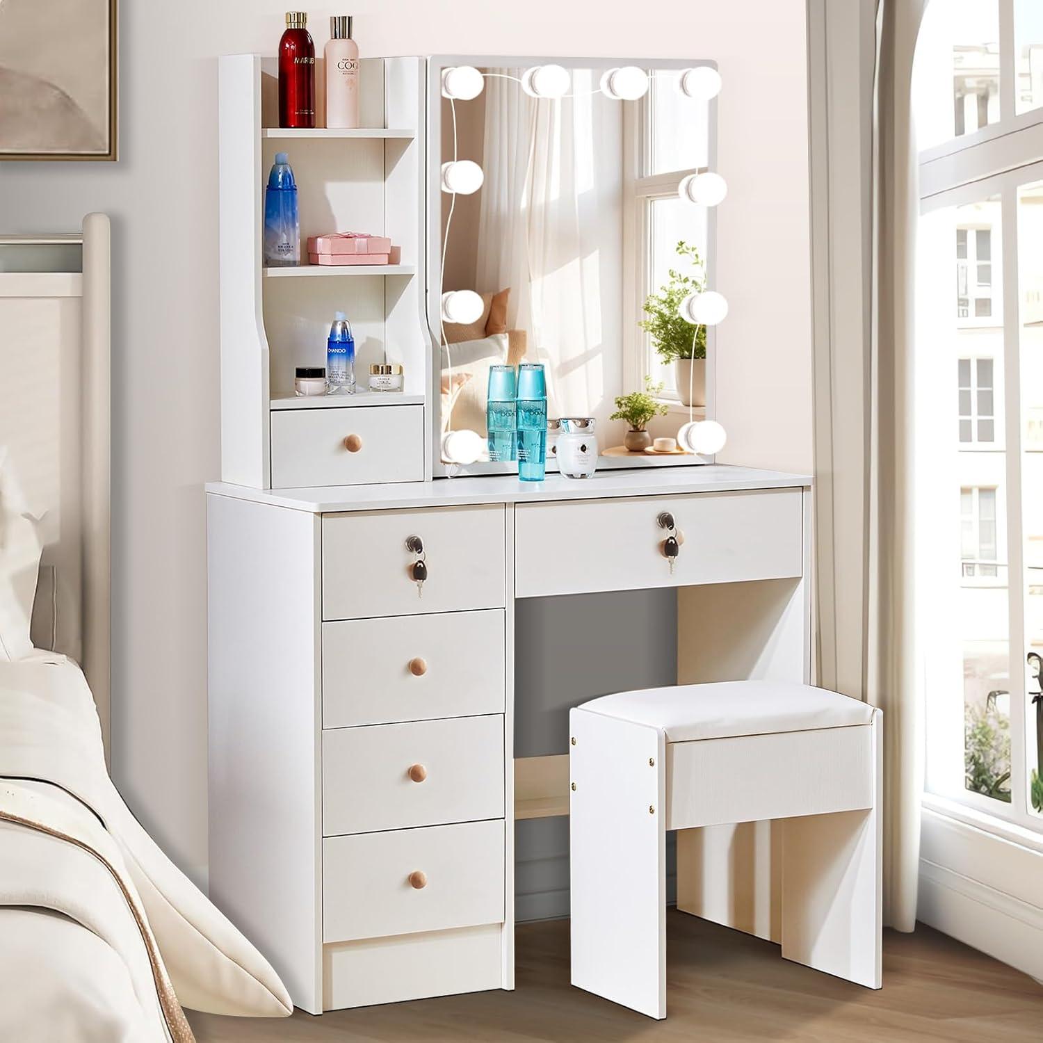 Schminktisch mit LED-Beleuchtung und Spiegel, Make-up