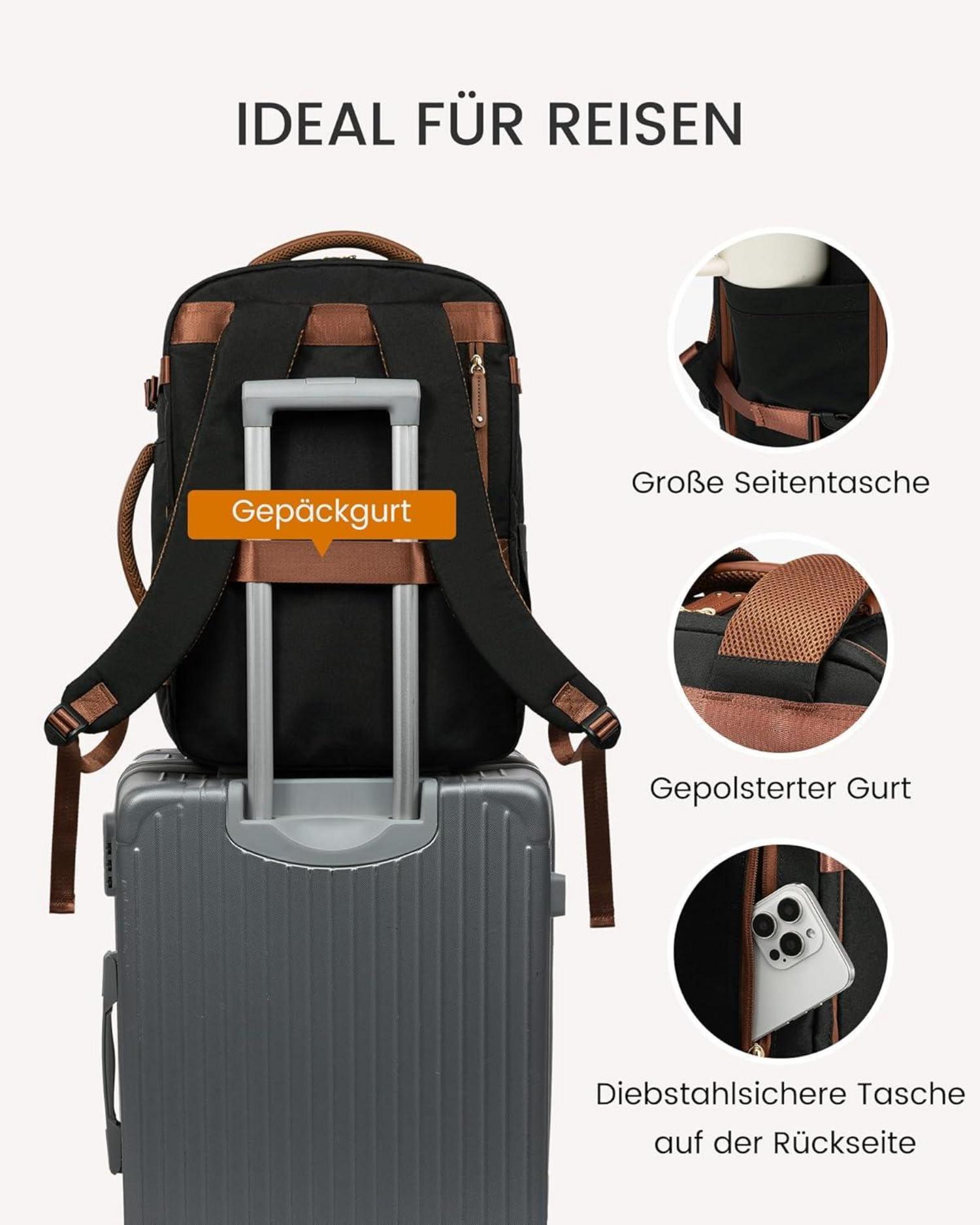 Reiserucksack Handgepäck 45L Damen 17,3 Zoll Laptopfach Beige Schwarz