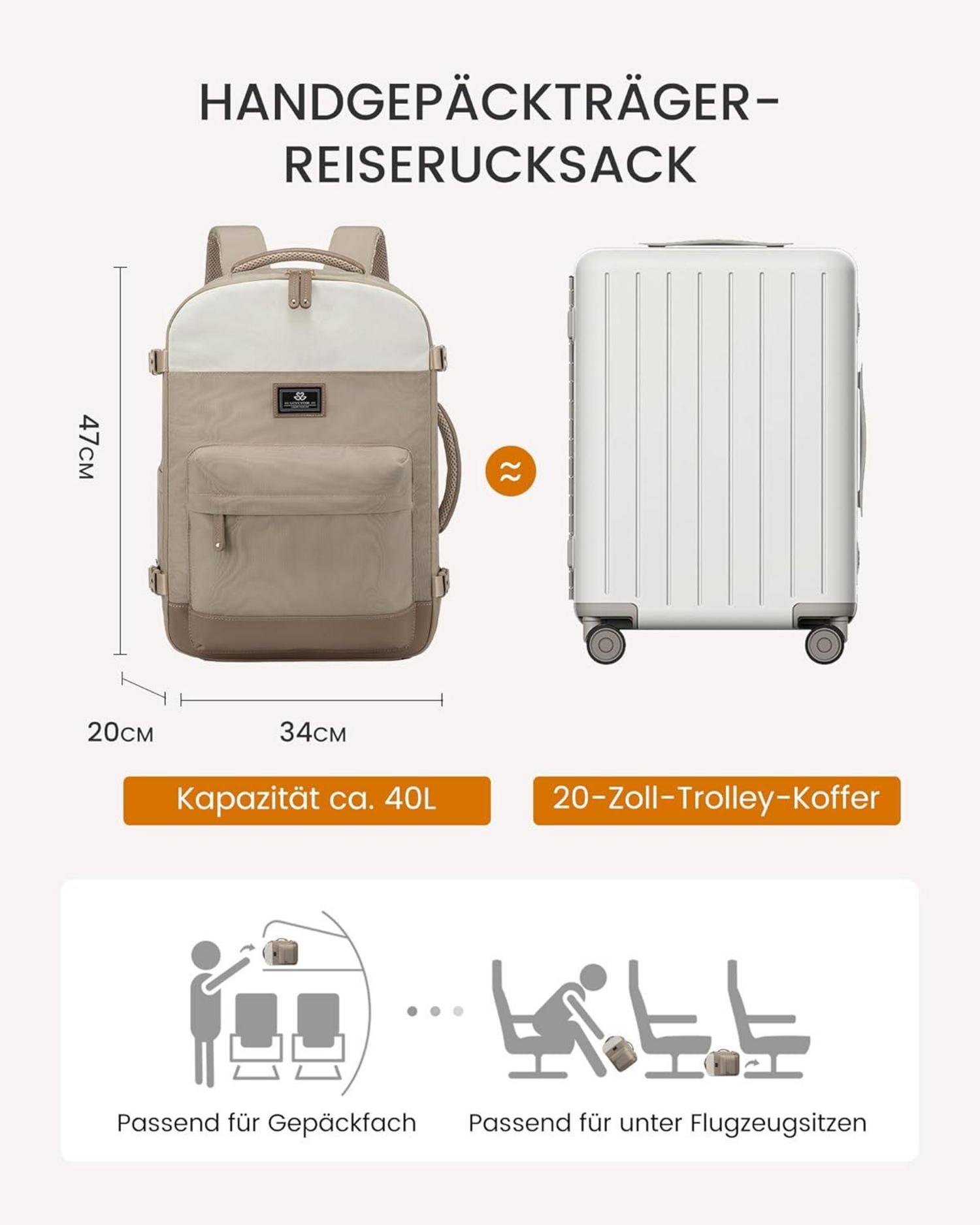 Handgepäck Rucksack Damen 40L Reiserucksack Flugzeug 17,3 Zoll Laptop Beige Khaki