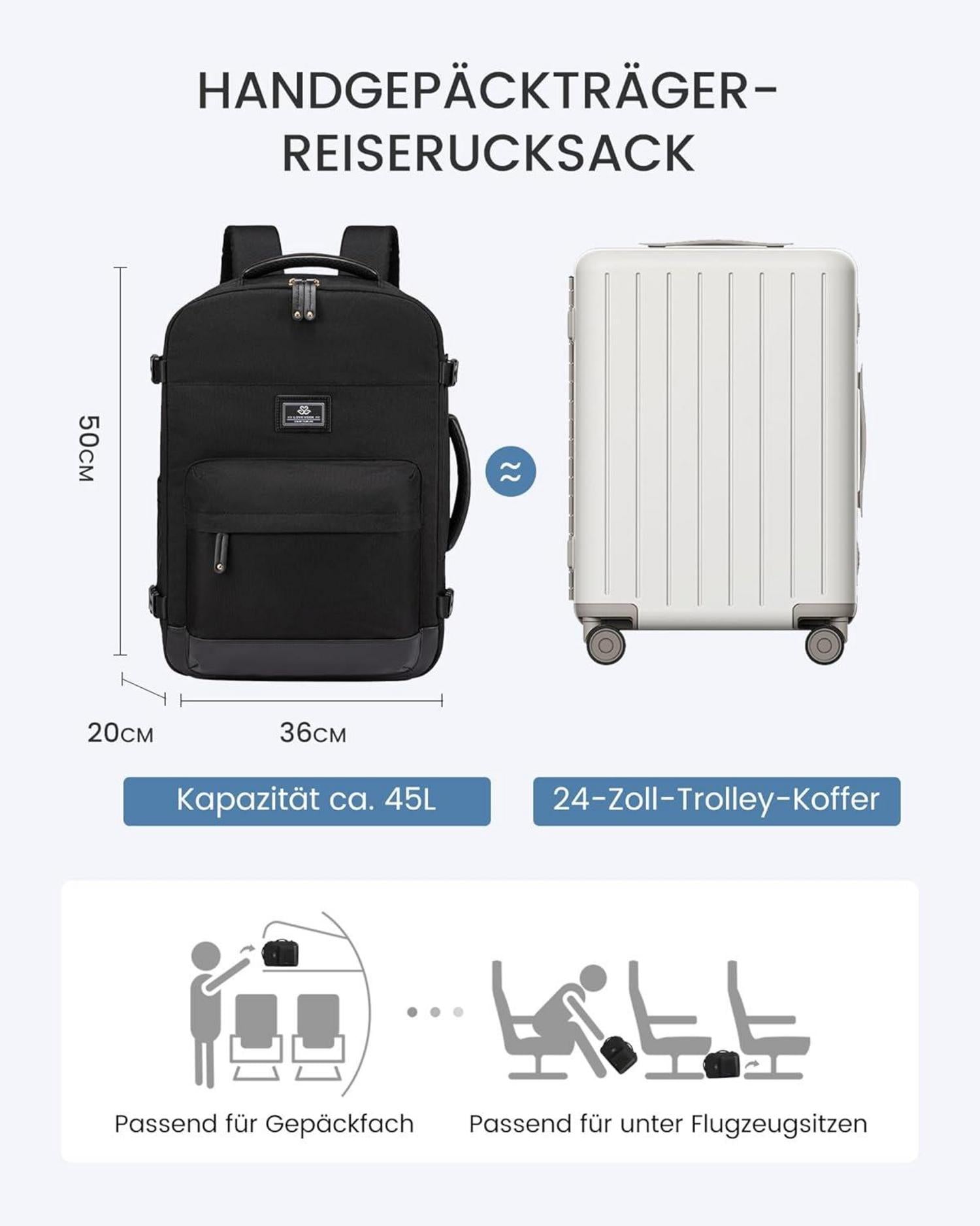 Handgepäck Rucksack 45L Reiserucksack 17,3 Zoll Laptop Schwarz