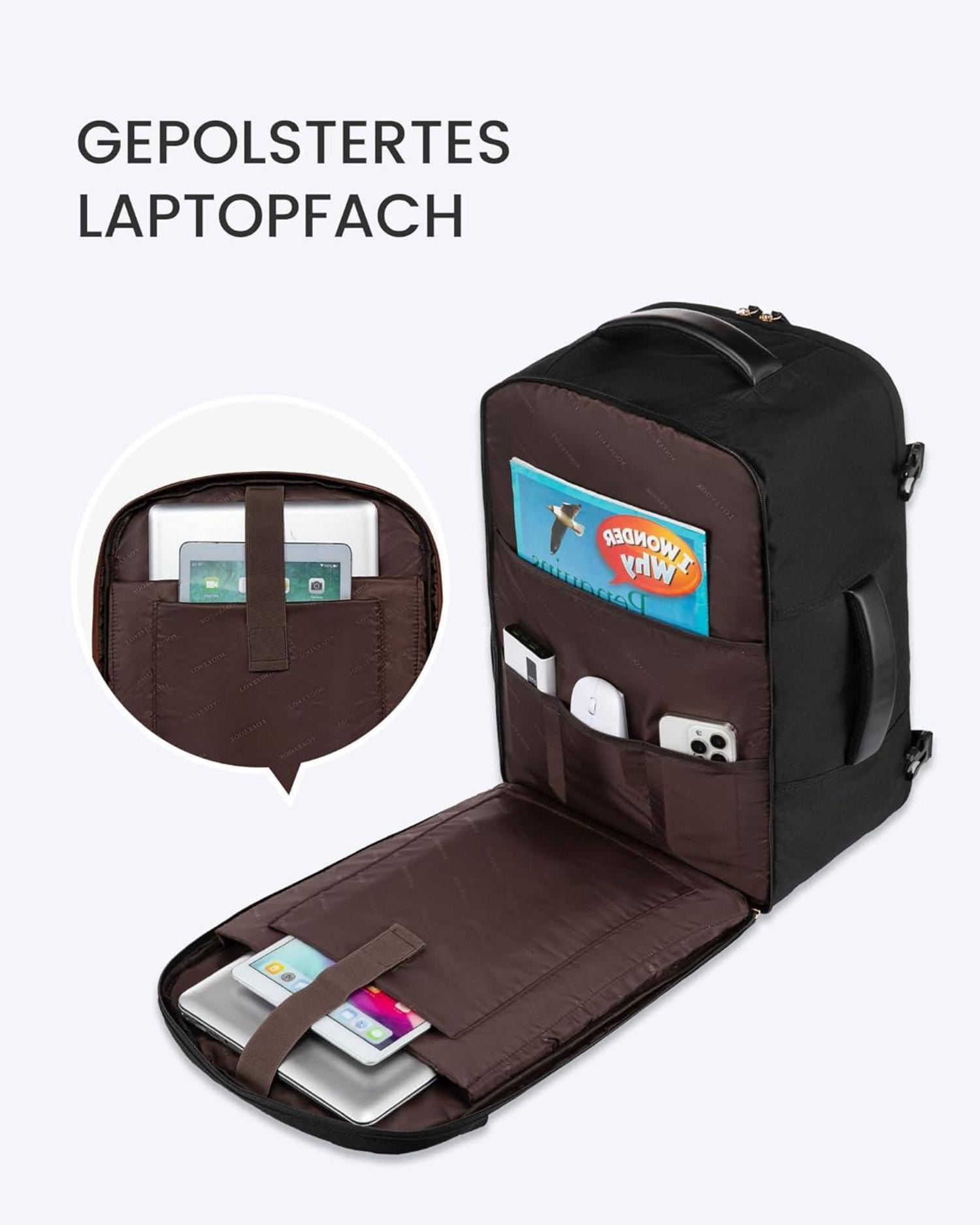 Handgepäck Rucksack 40L Reiserucksack Damen Herren Schwarz