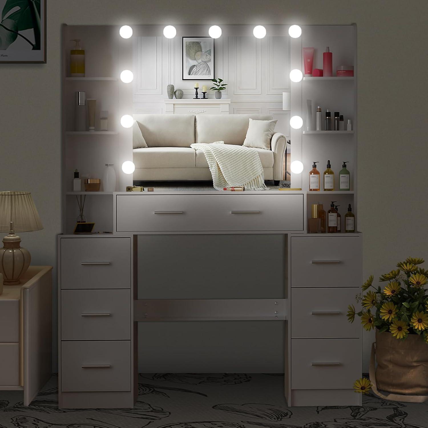 Schminktisch Frisiertisch mit LED-Beleuchtung, Spiegel, Make-up, Kosmetiktisch
