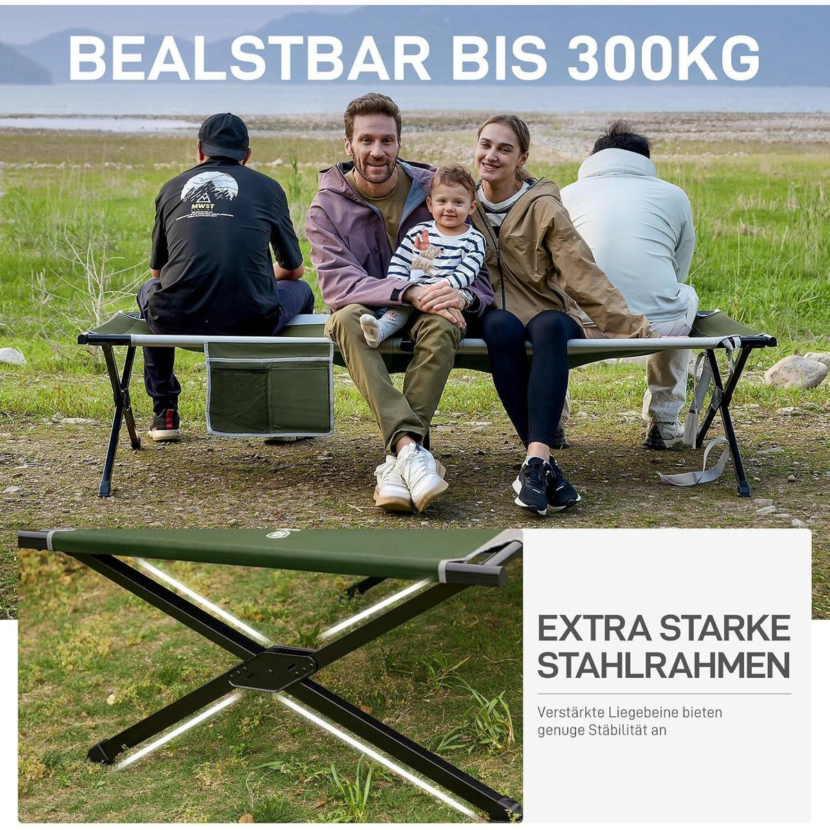 XXL Feldbett 214cm Grün 300kg belastbar klappbar für Camping