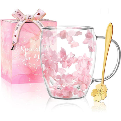 Doppelwandige Kaffeetasse mit getrockneten Blumen - Rosa Teetasse mit Griff