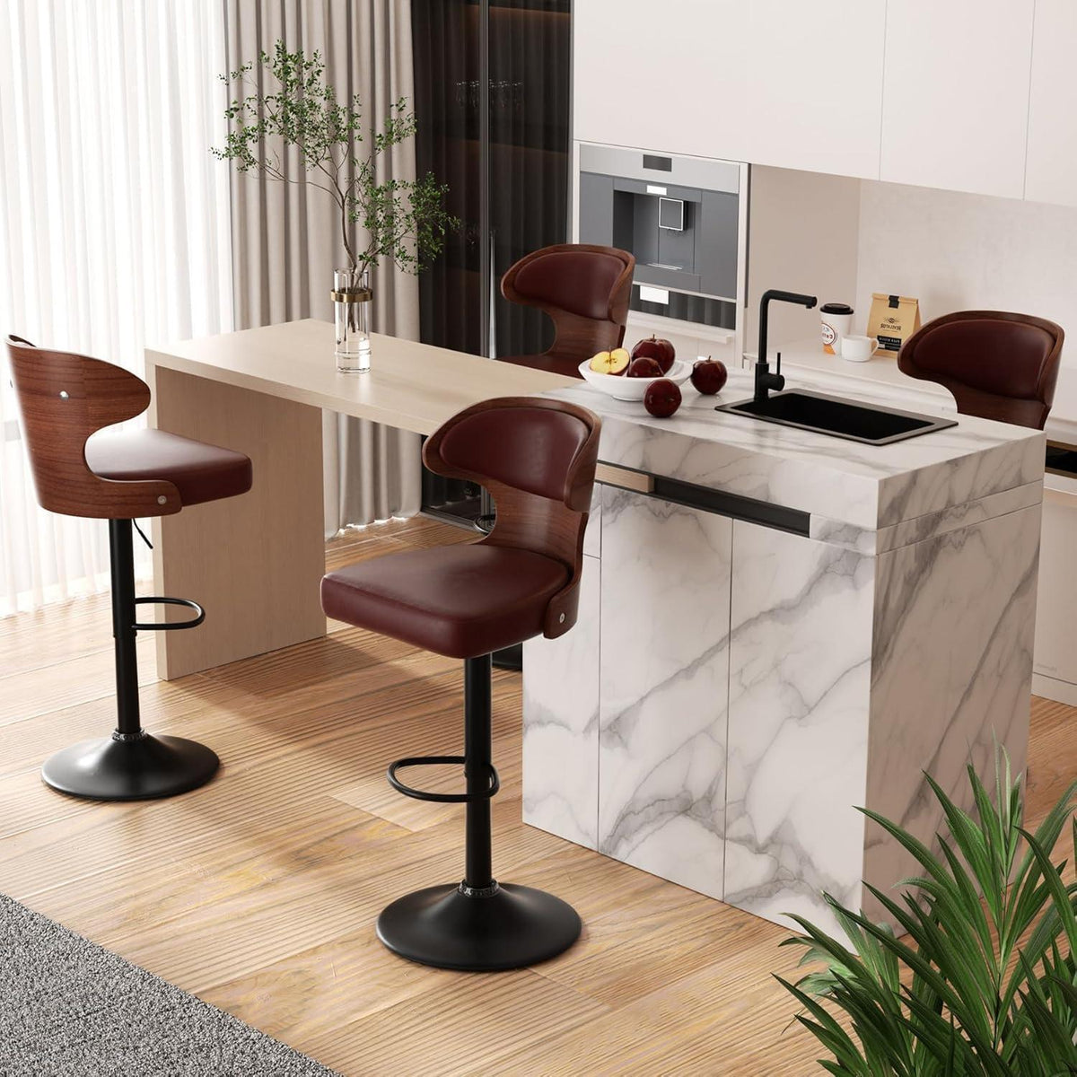 Barhocker 4er Set mit Rückenlehne und Fußstütze, drehbar, Nussbaumholz Braun