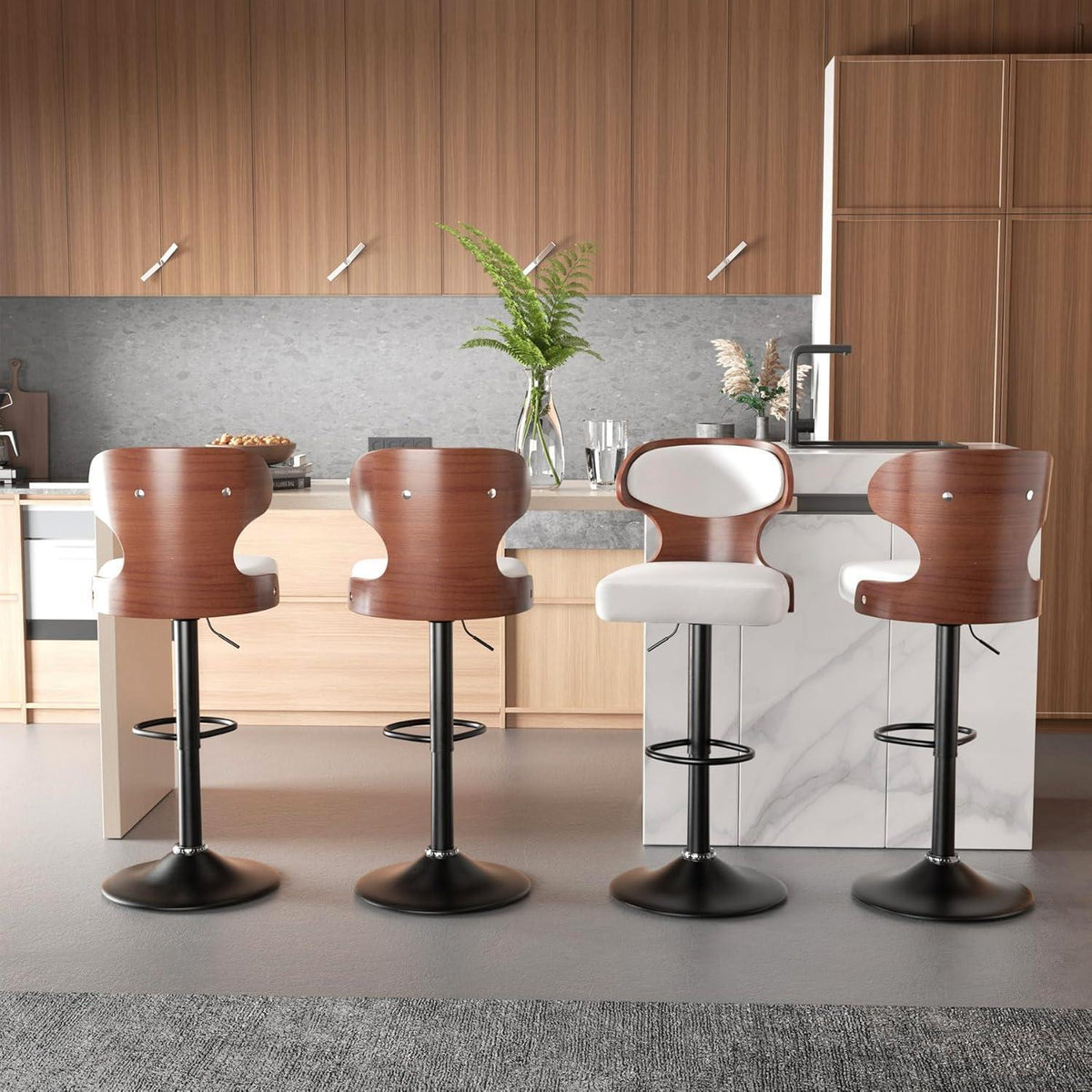 Barhocker 4er Set mit Rückenlehne und Fußstütze | Weiß Nussbaumholz