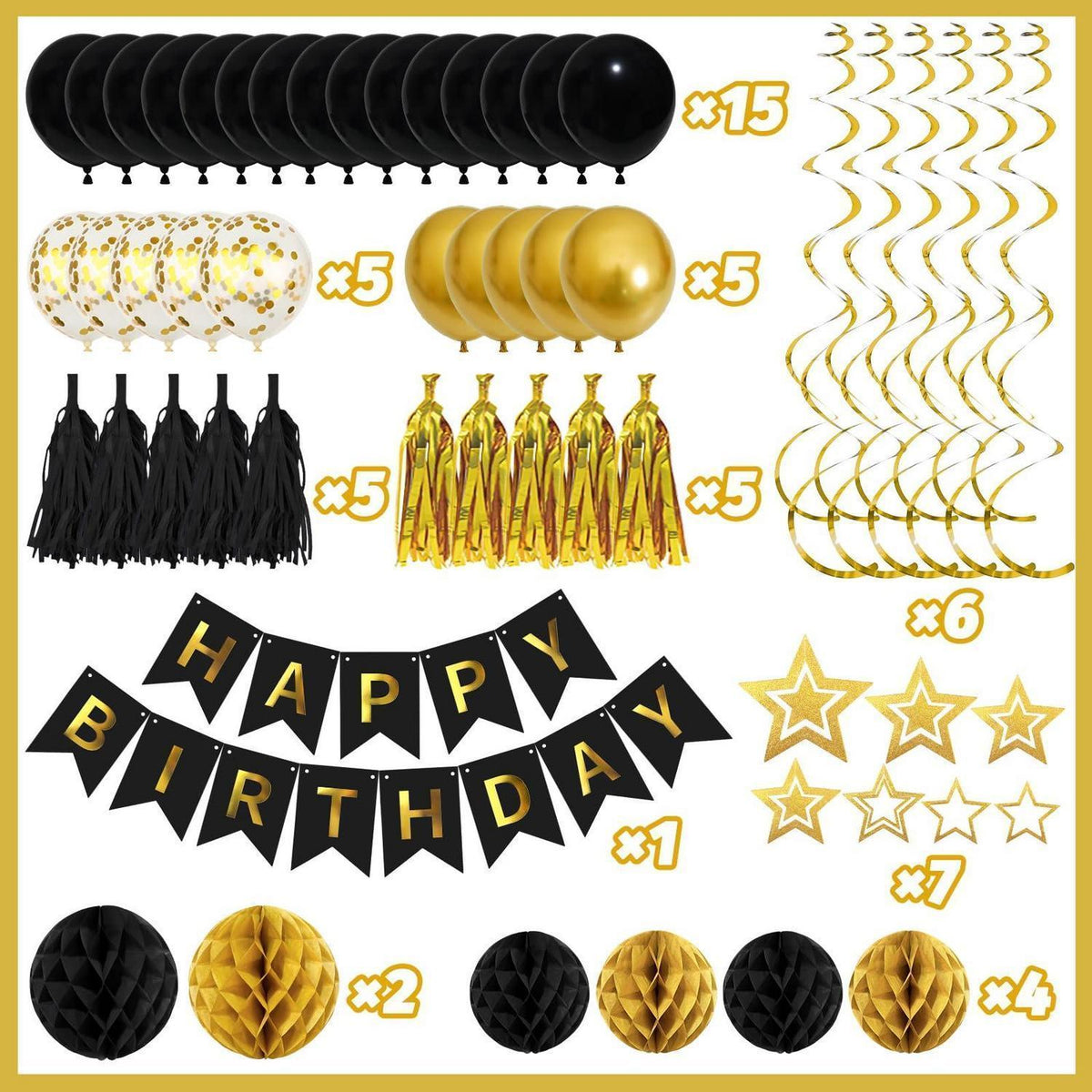 Schwarz Gold Geburtstag Deko Set – Girlande, Wabenball, Quaste
