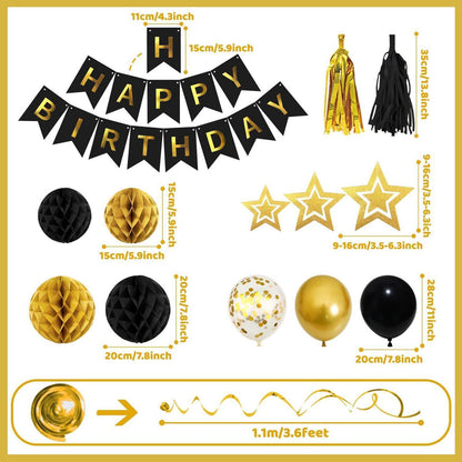 Schwarz Gold Geburtstag Deko Set – Girlande, Wabenball, Quaste