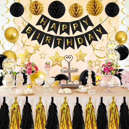 Schwarz Gold Geburtstag Deko Set – Girlande, Wabenball, Quaste