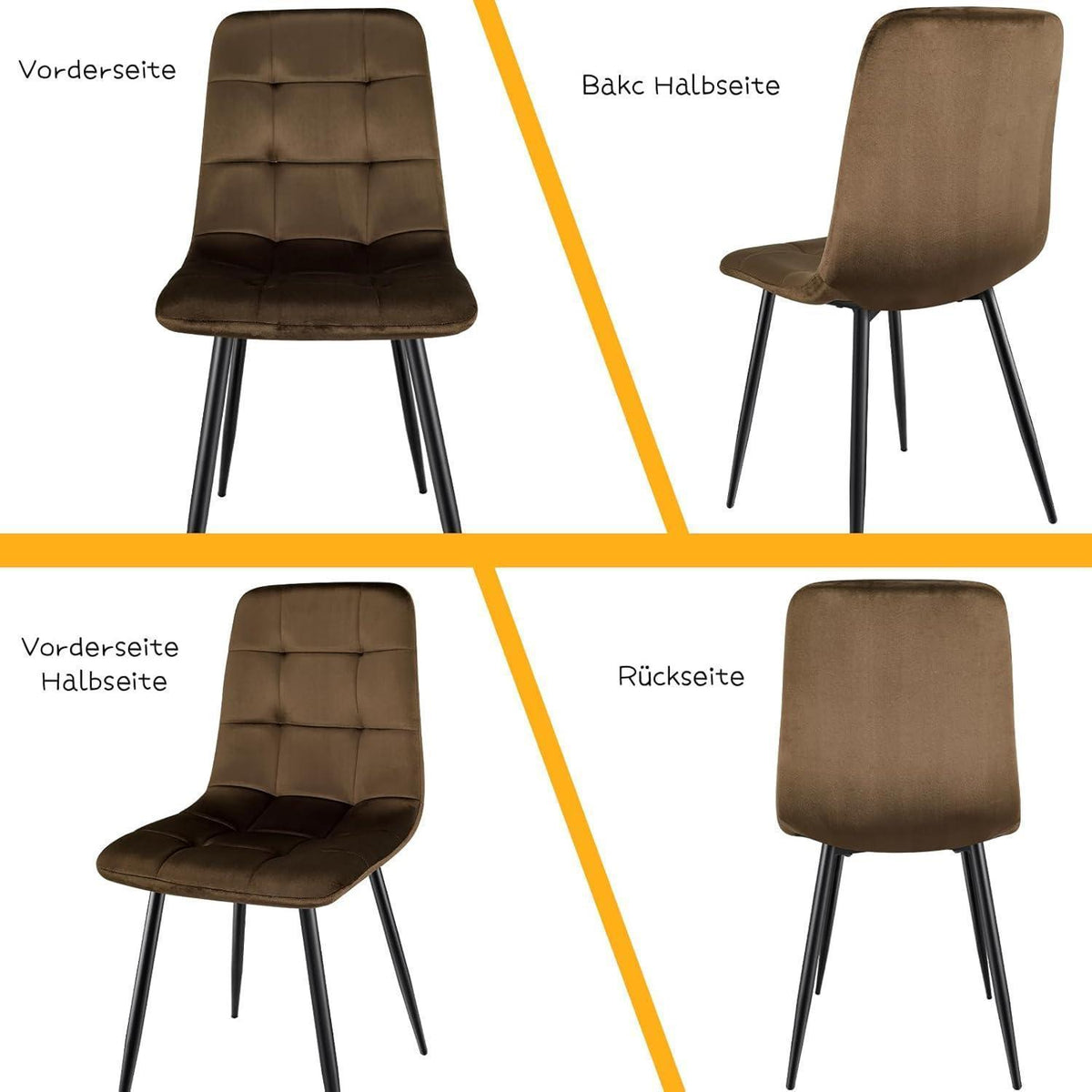 Gepolsterte Esszimmerstühle 2er Set, Samt & Metall, Braun