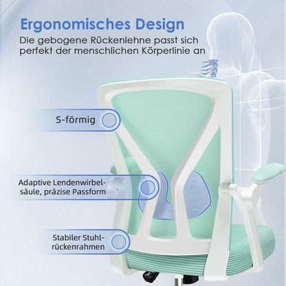 Ergonomischer Bürostuhl mit Lendenwirbelstütze, klappbaren Armlehnen, Wippfunktion - Türkiser Netzstuhl