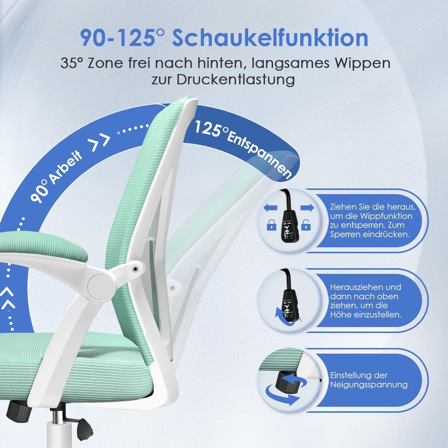 Ergonomischer Bürostuhl mit klappbaren Armlehnen und Lendenwirbelstütze, Türkis