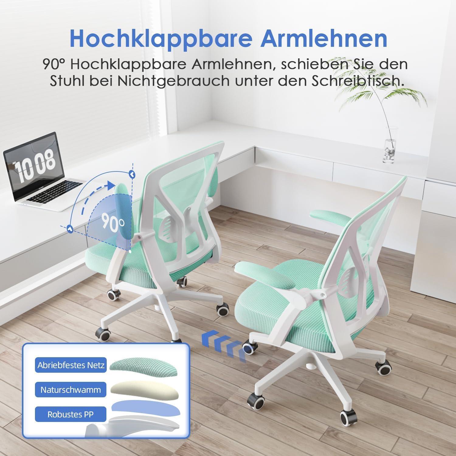 Ergonomischer Bürostuhl mit klappbaren Armlehnen und Lendenwirbelstütze, Türkis