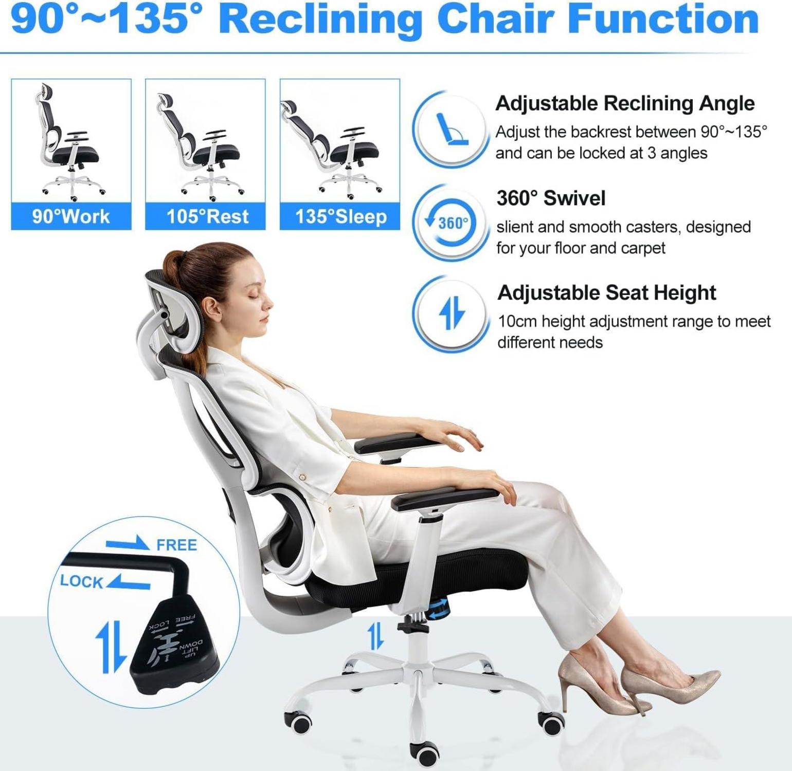 Ergonomischer Bürostuhl 200KG, Verstellbare Lendenwirbelstütze 3D-Armlehnen