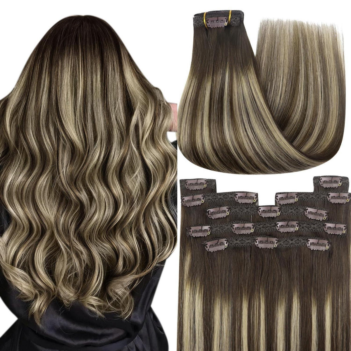 Clip-in Echthaar Extensions Ombre Braun Aschblond 55cm