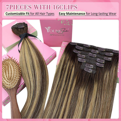 Echthaar Clip-in Extensions Ombre Dunkelbraun Aschblond 55cm