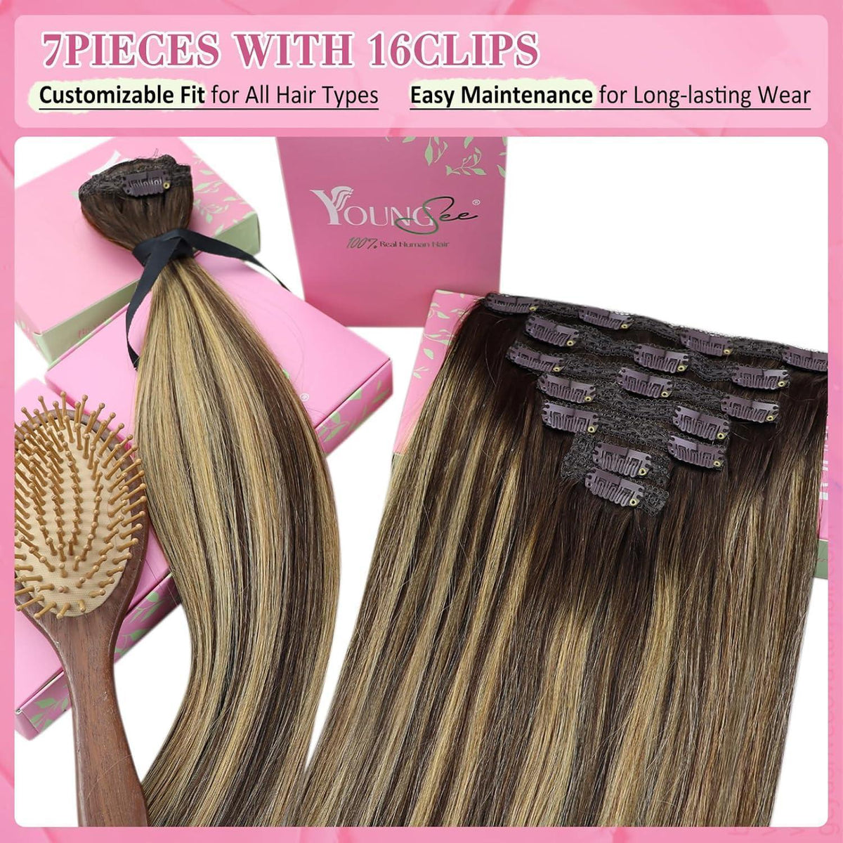 Echthaar Clip-in Extensions Ombre Dunkelbraun Aschblond 35cm