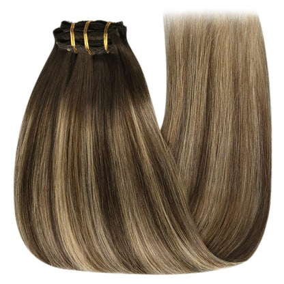 Echthaar Clip-in Extensions Ombre Dunkelbraun Aschblond 35cm