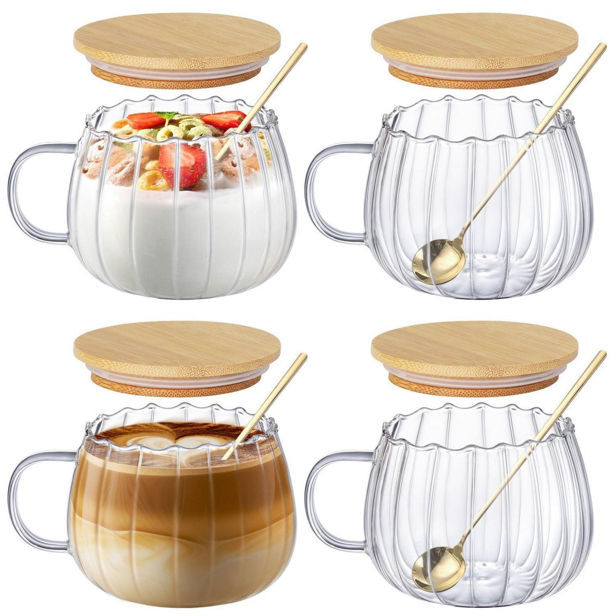 4er Set Cappuccino Tassen mit Deckel & Löffel - Kürbisglas 450ml