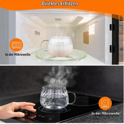 4er Set Cappuccino Tassen mit Deckel & Löffel - Kürbisglas 450ml