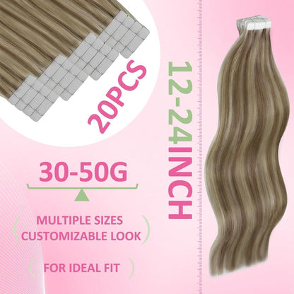 Echthaar Tape Extensions Braun Blond 50cm