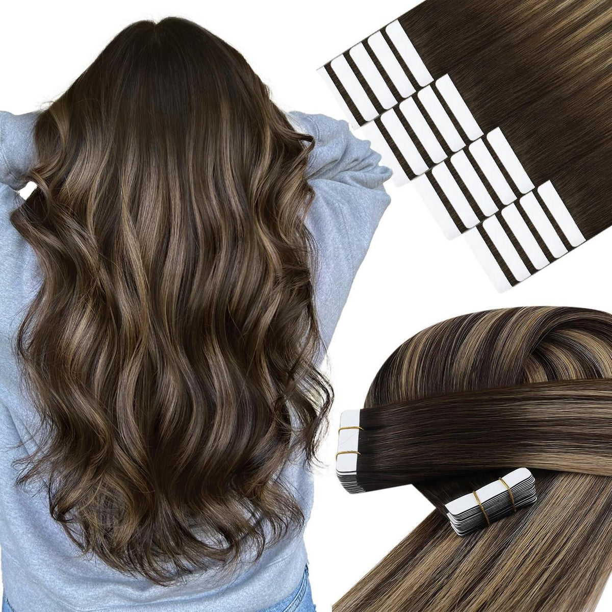 Echthaar Tape Extensions Ombre Dunkelbraun Blond 60cm