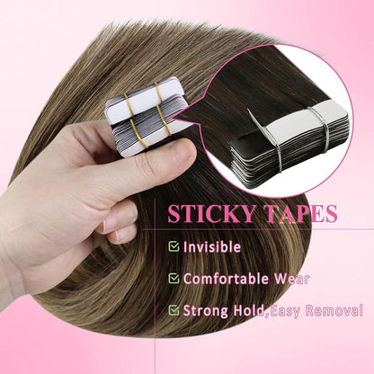Echthaar Tape Extensions Ombre Dunkelbraun Blond 60cm