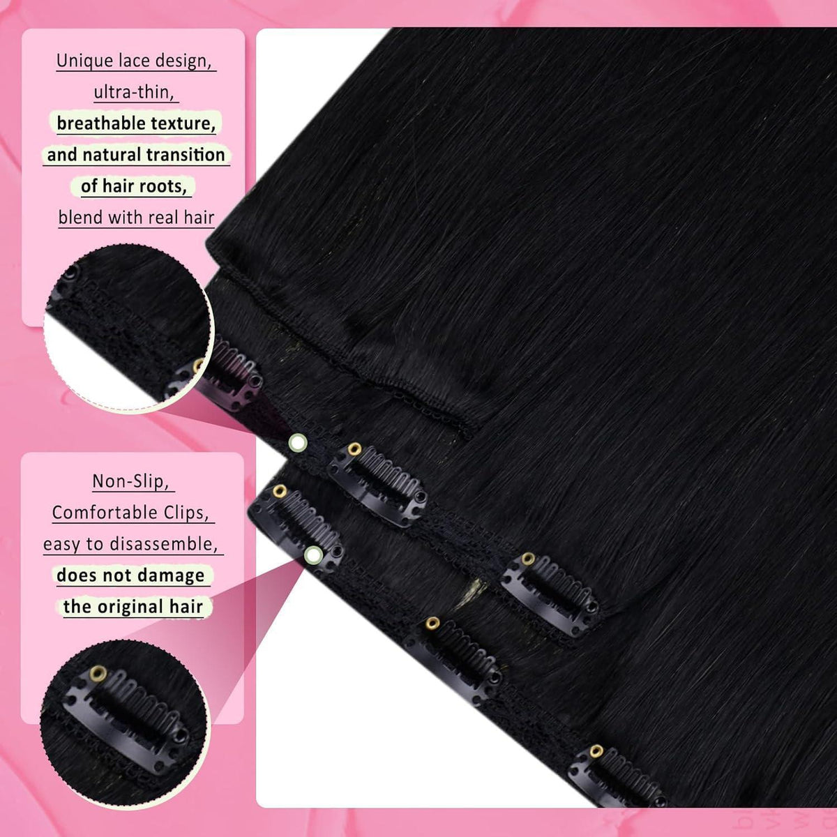 Echthaar Clip-Ins Schwarz 45cm - 120g, Glatt & Voluminös