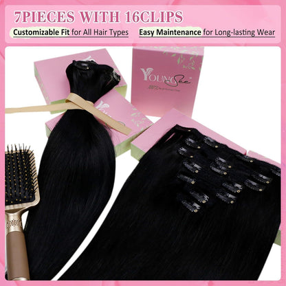 Echthaar Clip-Ins Schwarz 45cm - 120g, Glatt & Voluminös