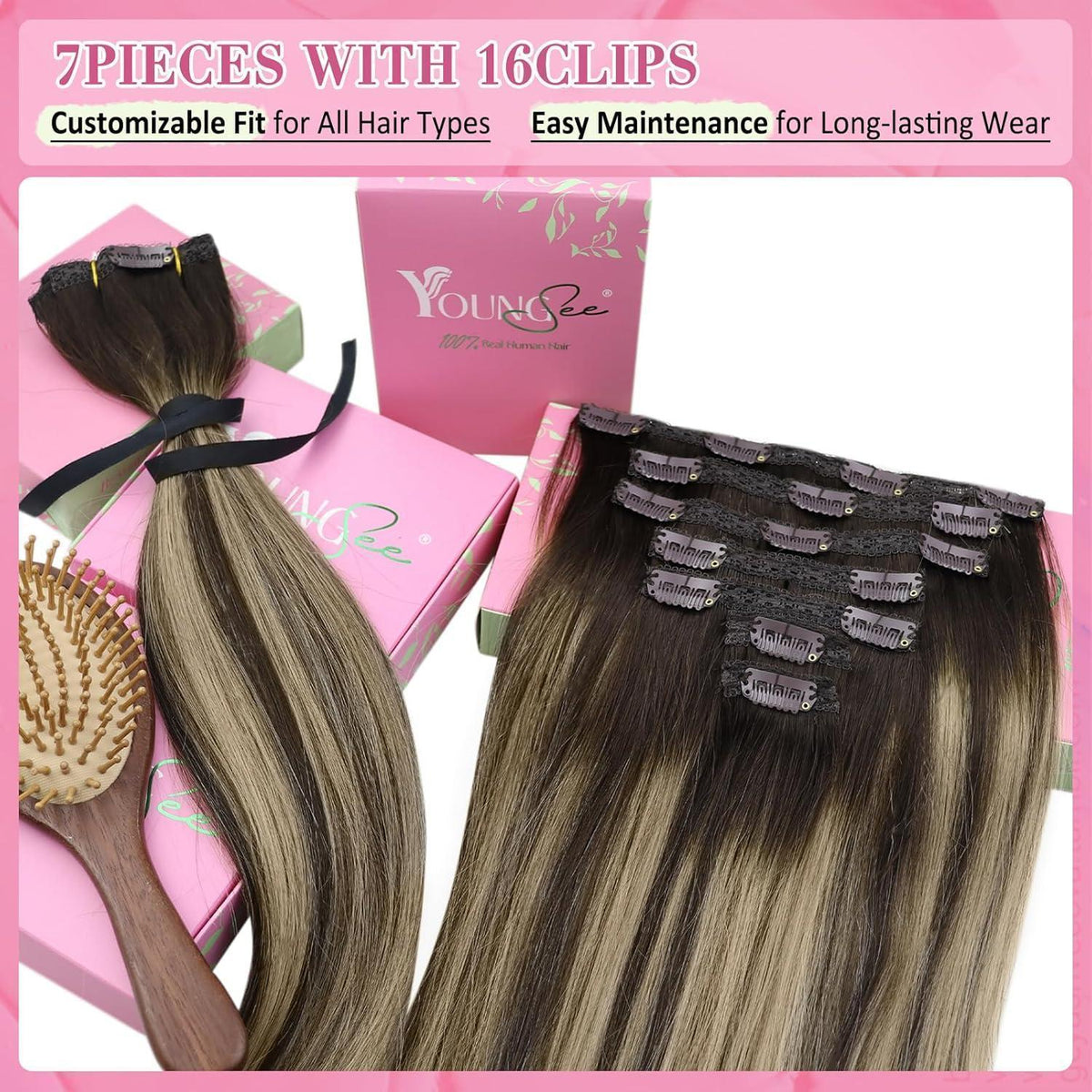 Echthaar Clip-In Extensions Ombre Dunkelbraun Aschblond 40cm
