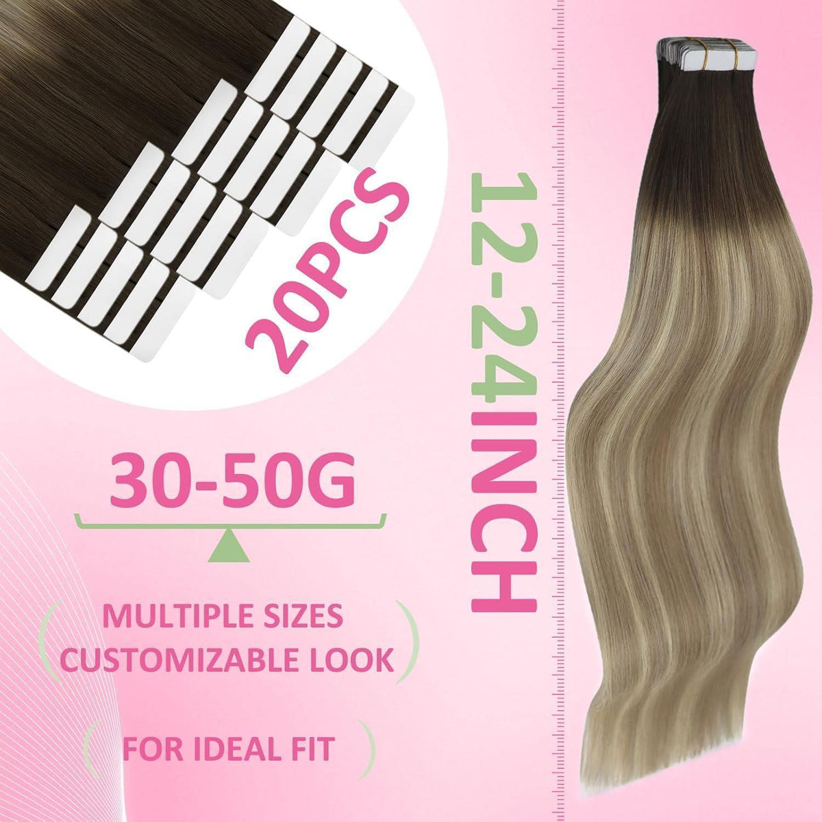 Echthaar Tape Extensions Balayage Braun Blond 40cm
