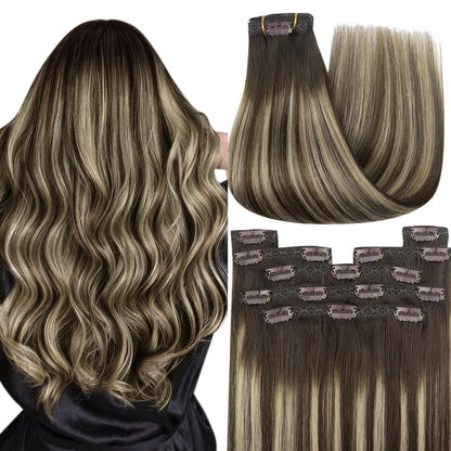Clip-in Echthaar Extensions Ombre Dunkelbraun-Aschblond 45cm