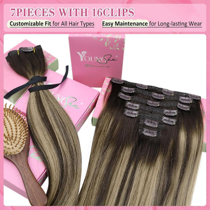 Clip-in Echthaar Extensions Ombre Dunkelbraun-Aschblond 45cm
