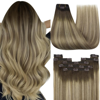 Clip-in Echthaar Extensions Braun Balayage Blond 45cm