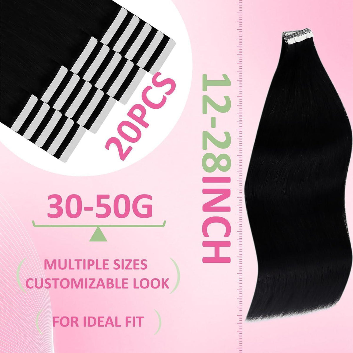 Echthaar Tape Extensions Schwarz 70 cm – Remy Haarextension