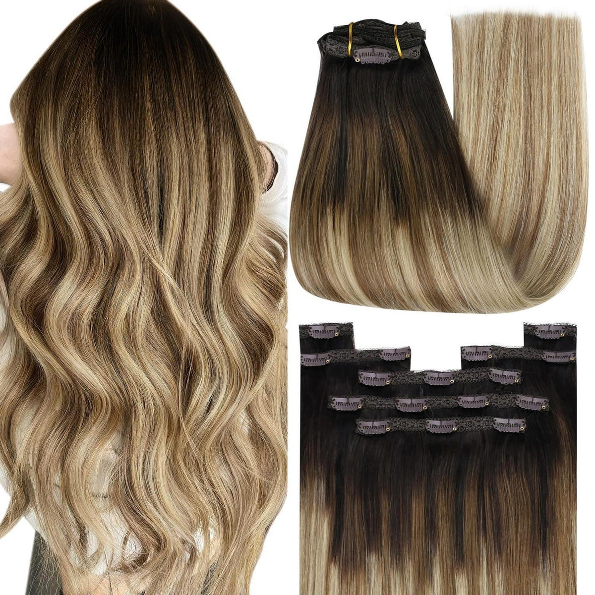 Clip-in Echthaar Extensions Braun Balayage Blond 50cm