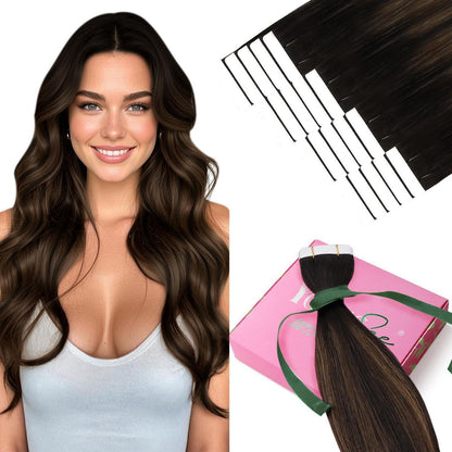 Echthaar Tape Extensions Ombre Dunkelbraun Mittelbraun 45cm