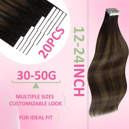Echthaar Tape Extensions Ombre Dunkelbraun Mittelbraun 45cm
