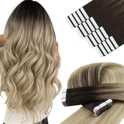 Echthaar Tape Extensions Balayage Dunkelbraun Ombre 40cm