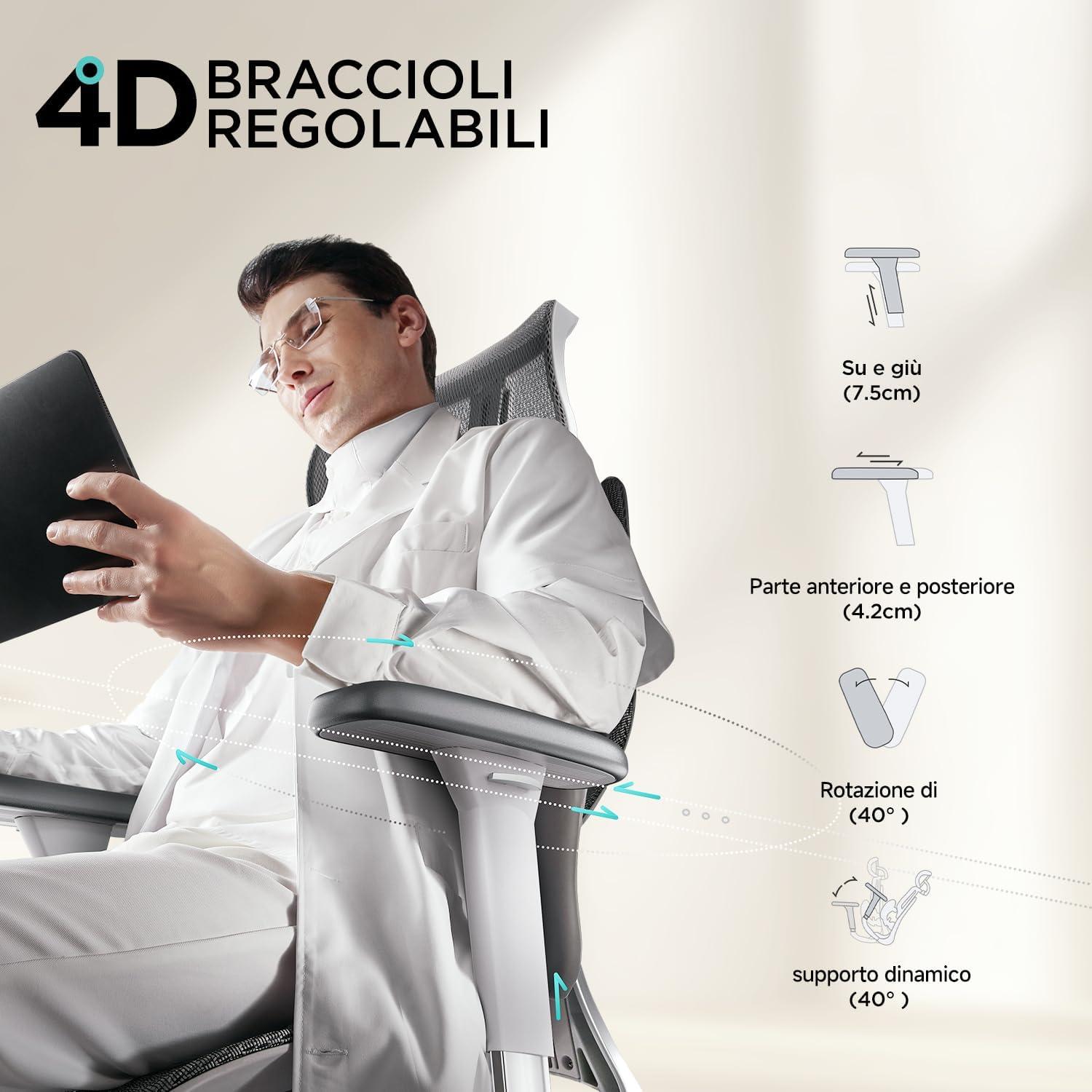 Ergonomischer Bürostuhl mit 3D-Verstellungen, Lenden- & Kopfstütze, Fußstütze - Grau