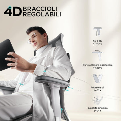 Ergonomischer Bürostuhl mit 3D-Verstellungen, Lenden- & Kopfstütze, Fußstütze - Grau