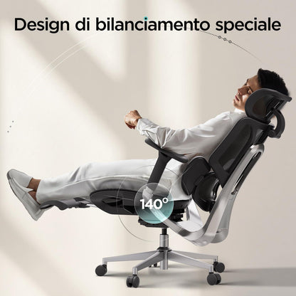 Ergonomischer Bürostuhl mit dynamischer Lendenstütze und 3D-Kopfstütze, Schwarz