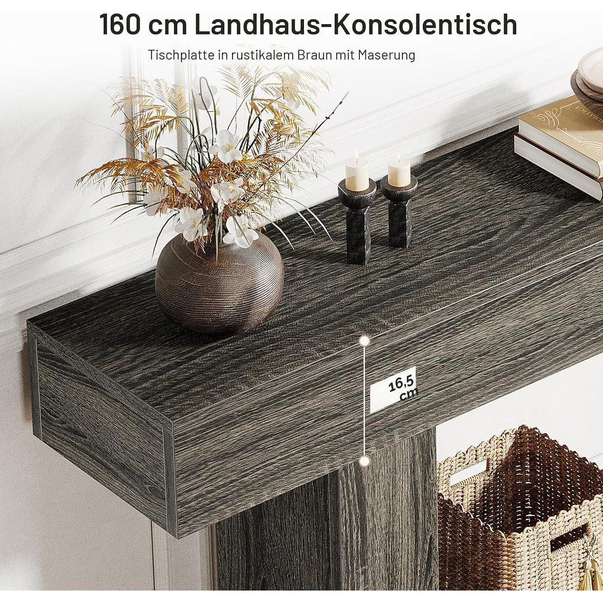160cm Konsolentisch mit Stauraum & Bauernhaus-Design (Hellgrau)