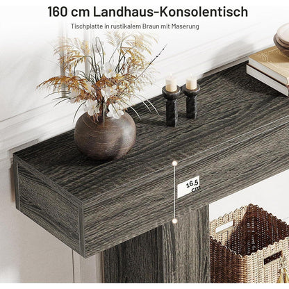 160cm Konsolentisch mit Stauraum & Bauernhaus-Design (Hellgrau)