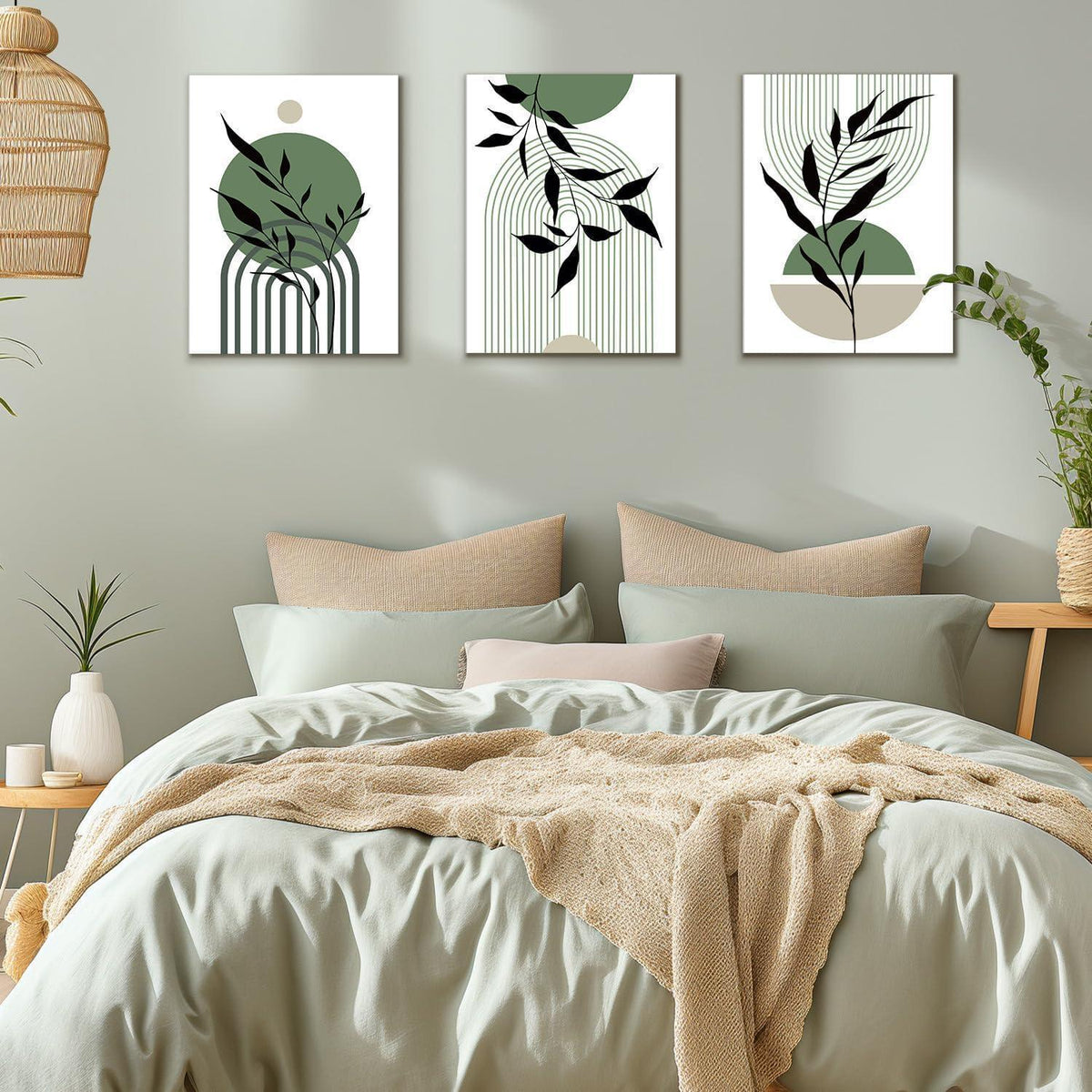 Gerahmte Salbei Grün Boho Wandkunst 3er Set 12x16 Zoll