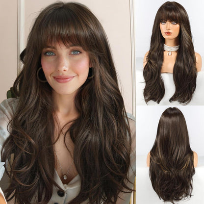 Lange braune Lockenperücke mit Pony – Natürlicher Look