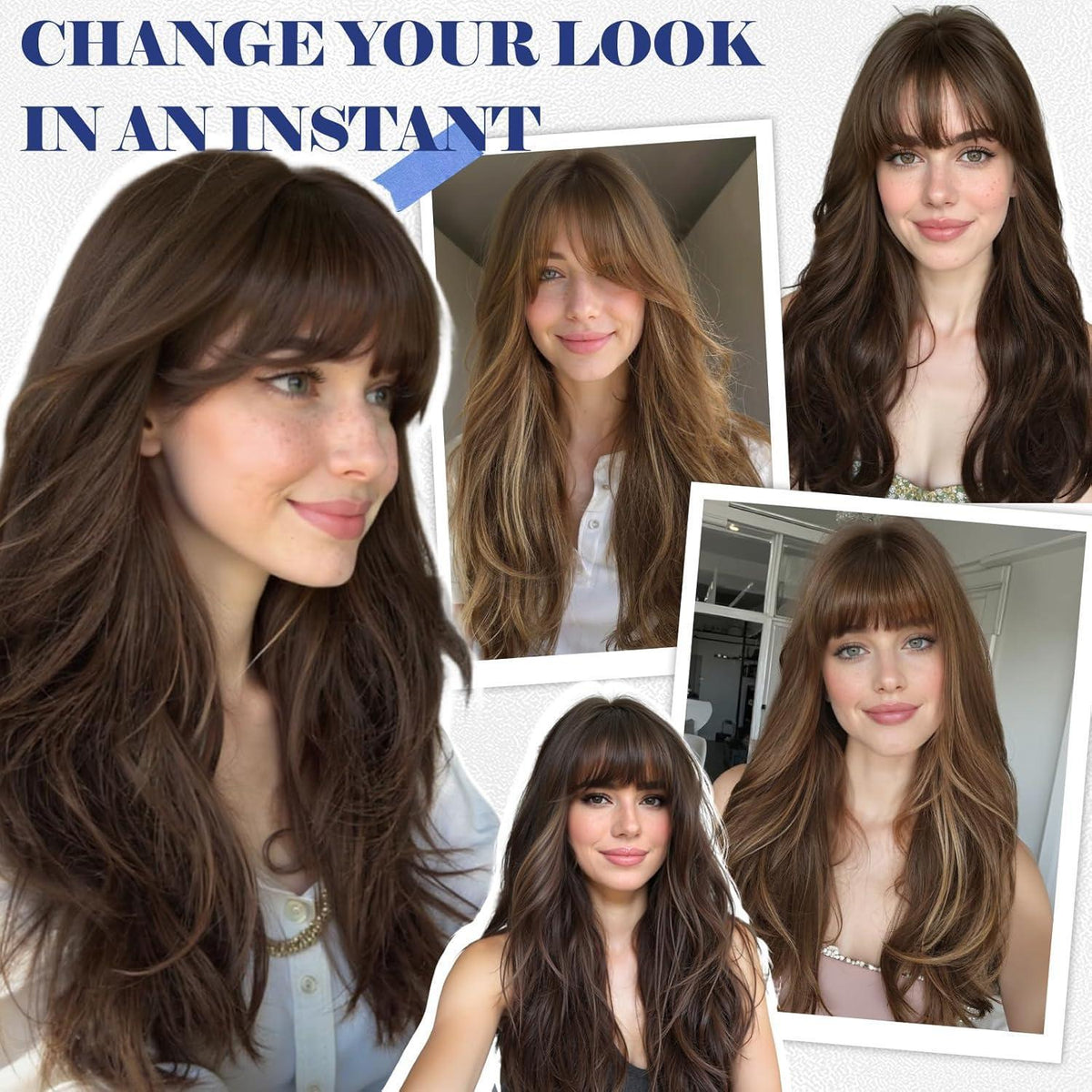 Lange braune Lockenperücke mit Pony – Natürlicher Look