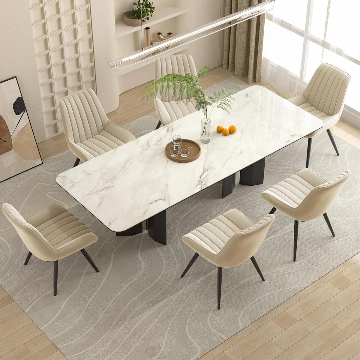 Esszimmerstühle 6er Set | Beige Polsterstühle mit Sitzkissen
