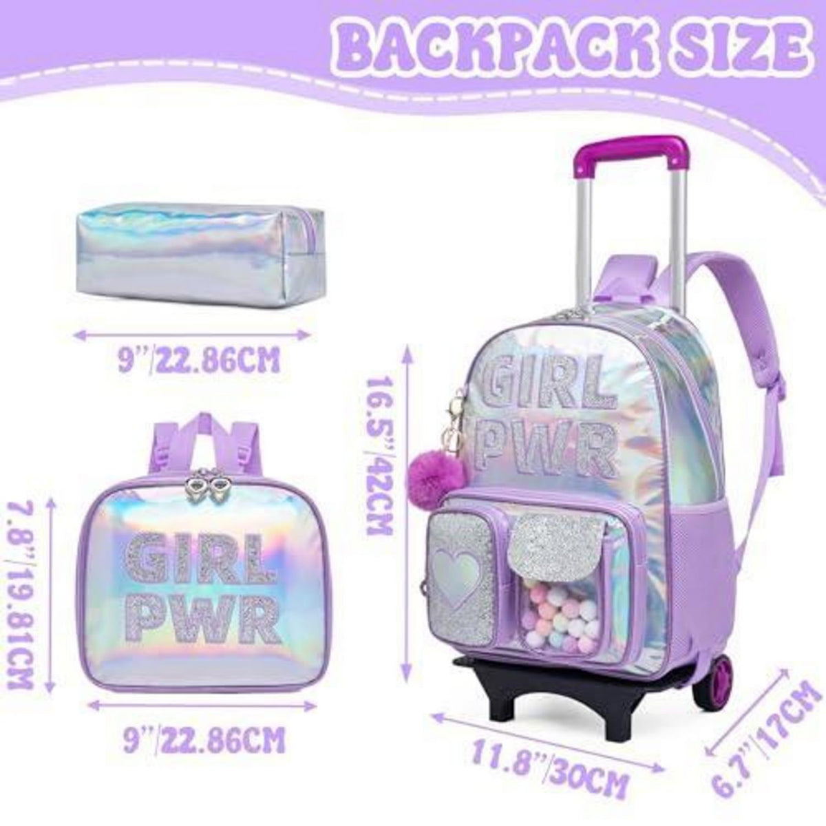 Trolley Rucksack Mädchen Lila – 3in1 Schultasche mit Rollen & Zubehör