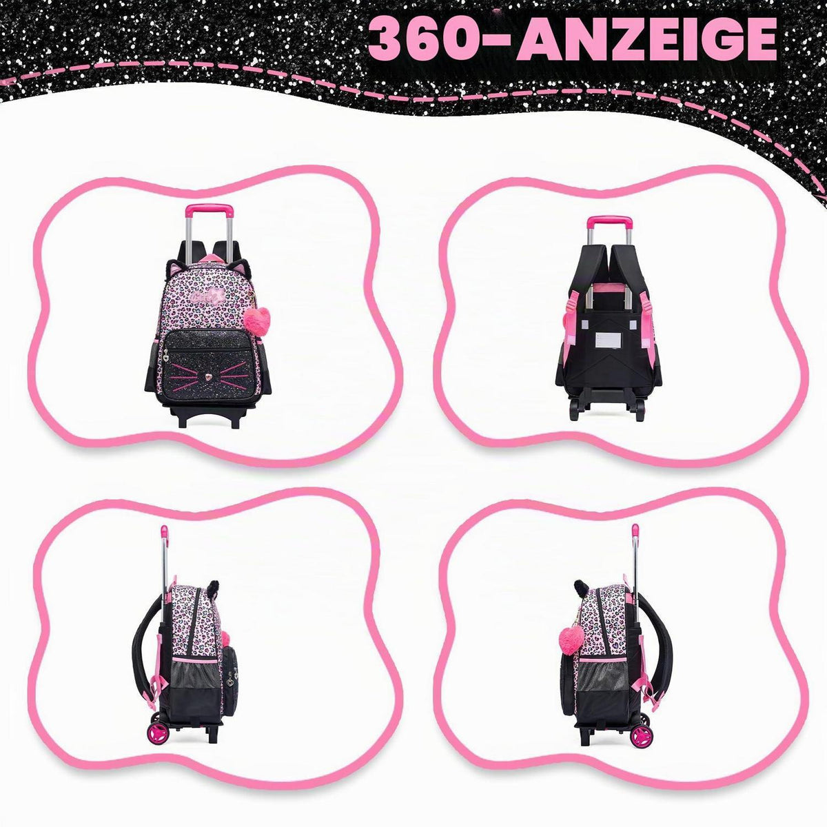 Trolley Schulranzen Mädchen – Rucksack mit Rollen Schwarz Rosa Katzen